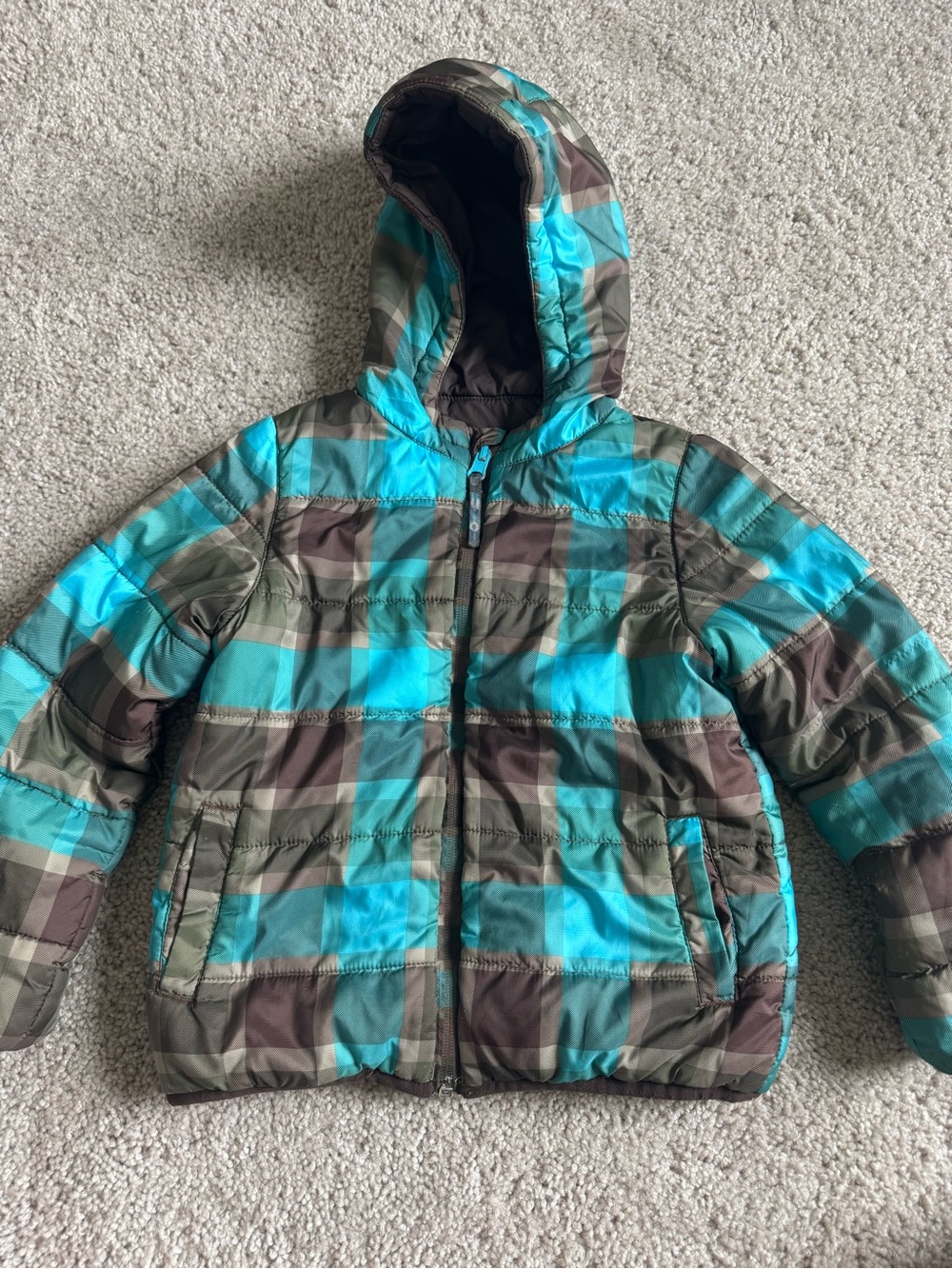 Burton Kids Plaid Hooded Puffer Jacket - Teal & Brown
